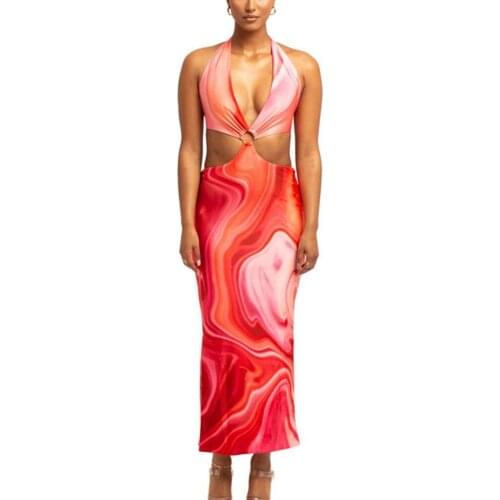 Sexy Women Dress Summer Sleeveless Bodycon Female Sundress Adjustable Halter Printed Backless Women Beach Maxi Dresses