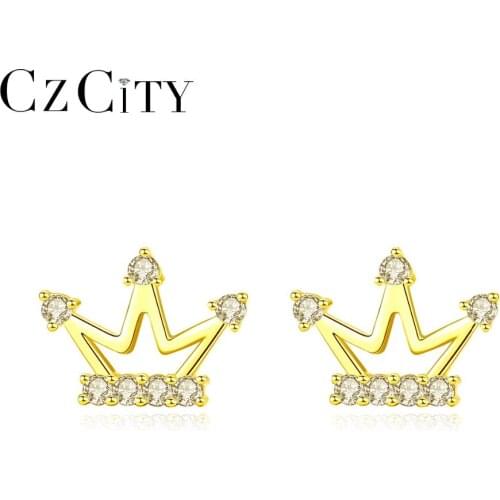 CZCITY Lovely Hollow Princess Crown Stud Earrings for Women Small Shining Female Earrings 925 Silver Jewelry Dating Accessories
