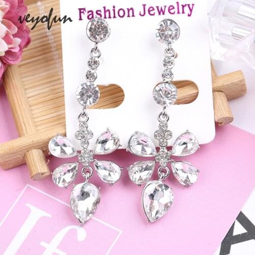 VEYOFUN Trendy Crystal Drop Earrings White Color Long Dangle Earrings Fashion Jewelry for Women Brinco New