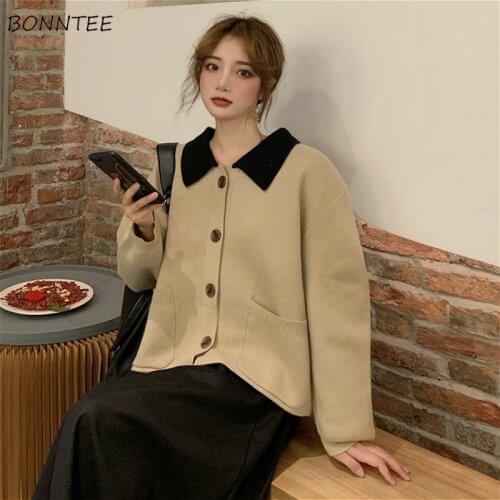 Sweaters Women Patchwork Warm Cardigans Loose Jumper Daily Outwear Korean Style Chic Turn-down Collar Knitted Retro Teens Female