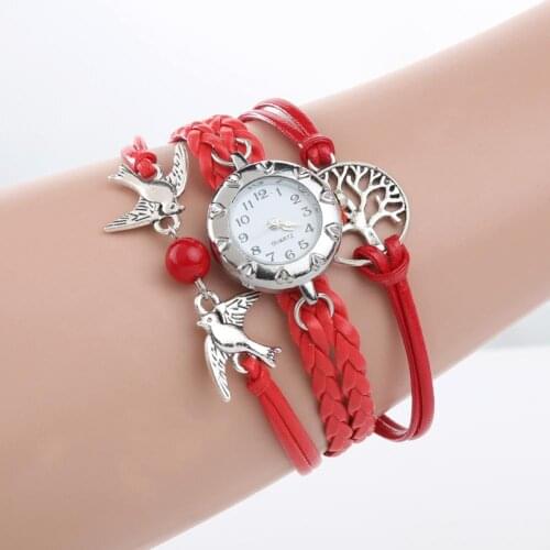 High Quality Hollow Life Tree Birds Beads Charm Multilayer Retro Vintage Quartz Watch Braided Bracelet Wrist Watch gift Christma