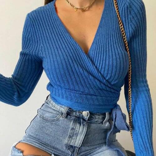 Women Solid Color T-shirt Loose Top Deep V-neck Long Sleeve Wild Pullover us1