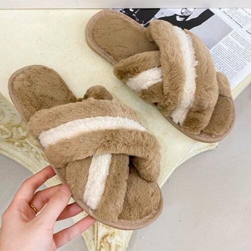 Women Winter Shoes Female Short Plush Slippers Cross Mixed Color Ladies Indoors Warm Shoe Comfor Soft Flats Womens Footwear
