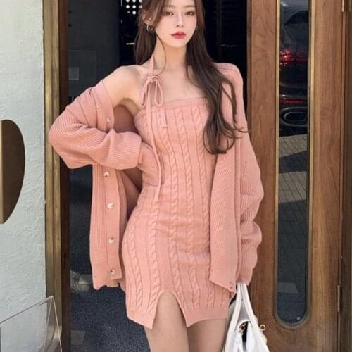 Autumn Winter Korean Fashion Casual Knitted Two Piece Set Women Sweater Cardigan Coat + Sexy Halter Sheath Bodycon Dress Suits