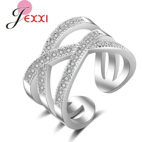 Crossed Design Genuine 925 Sterling Silver Rings Micro Paved Shiny Crystals For Women Girls Fashion Opening Ring Accessory