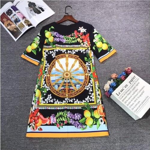 Euramerican Style womens Lemon print short sleeves dress Autumn High quality beading women sweet dress C335