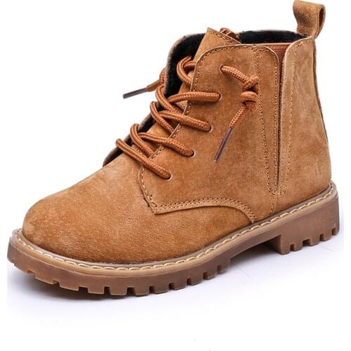 Winter Boys Girls Boots Genuine Leather Anti-suede Martin Boots Side Zipper Retro Warm Cotton Boots
