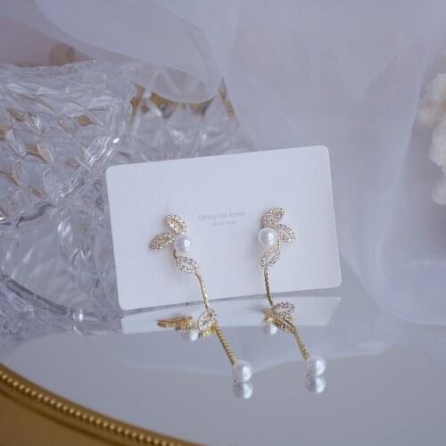 14k Real Gold Fashion Jewelry Crystal Leaves Pearl Exquisite Long Earrings for Woman Holiday Party Elegant Zircon Earring