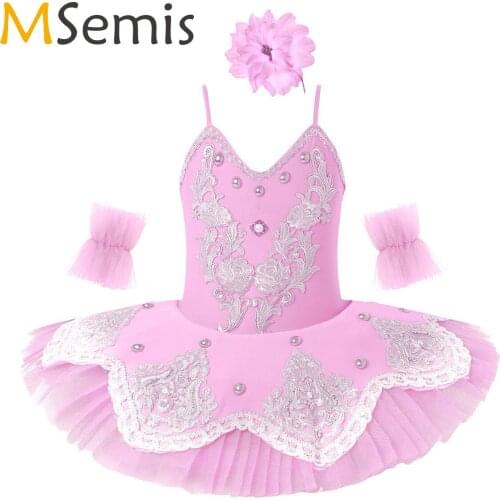 Kids Girls Spaghetti Shoulder Straps Embroidered Beads Sequins Ballet Leotard Tutu Dress with Arm Sleeves Flower Hair Clip Set