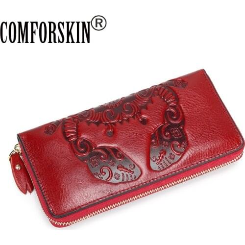 COMFORSKIN Cowhide Leather Long Retro Zipper Purse With Hand Rope Dropshipping кошелек для женщин Vintage Embossing Lady Wallet