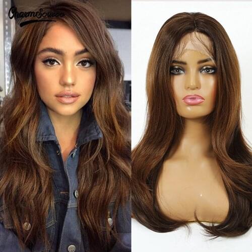 CharmSource Long Dark Brown Lace Part Wig Synthetic Wigs Baby Hair Women Lace Wig Natural High Density Heat Resistant Daily Use