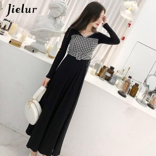Jielur New Knitted Dress V-Neck Winter Autumn Vintage Plaid Spliced Dresses For Women Chicly Elengant Skinny Korean Long