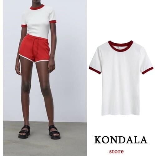 KONDALA Za 2021 Fashion Women Summer White Tshirt Casual Ribbing Tops Short Sleeve Chic Mujer Short Blouse Vintage Shirt