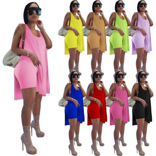 Summer New Solid Color Vest Plus Loose Long Tops Womens Shorts Tops Two-piece Suit