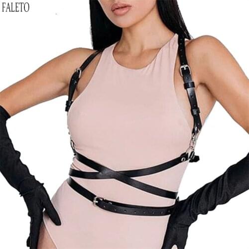 Faleto Fashion Womens Waist Belts Punk Harajuku Handmade Faux Leather Harness Straps Adjustable Belt for Dancing Evening Parties