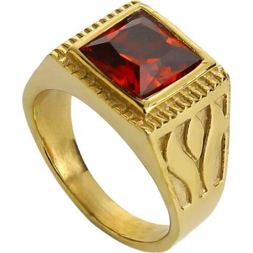 Mens stainless steel big square crystal CZ gold ring with environmental protection logo,wedding party jewelry for women