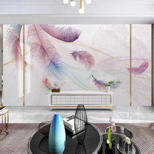 Custom Mural Wallpaper Modern Watercolor Pink Feather Line Marble Wall Painting Living Room TV Background Wall Papel De Parede