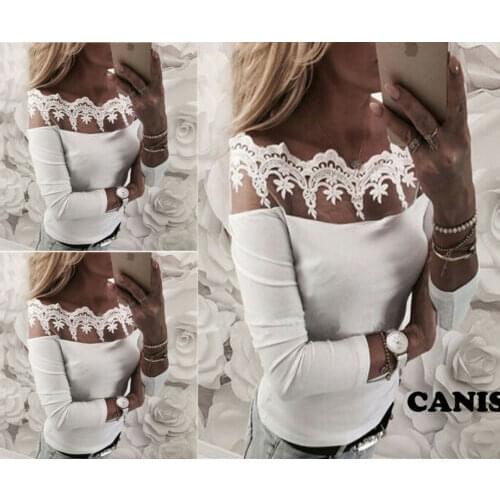 2019 New Fashion Women Off Shoulder Lace Slash Neck T Shirt Top Casual loose Long Sleeve Off shoulder Tops Lace T-shirt