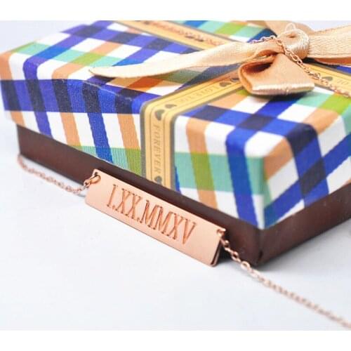 Rose Gold Necklace Engraved Roman Number Personalized Date Stamp Necklace Keepsake Custom