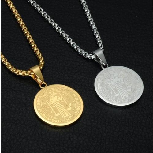 New Fashion Stainless Steel Religion Medal Pendant Necklaces Saint Benedict Gold Color Round Necklace Jewelry Gift For Men Women