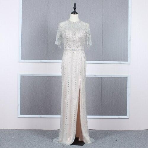 Actual Picture Formal Dress Party Evening Elegant Luxury Beading Crystals Sheath Column Prom Gown with Slit for Ladies