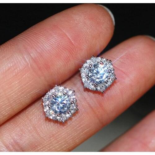 Luxury Female Crystal White Zircon Stud Earrings Simple silver color Hexagon Earrings For Women Vintage Double Earrings