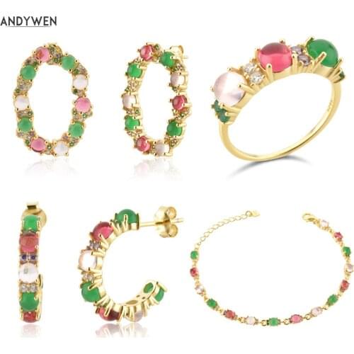 ANDYWEN 925 Sterling Silver Rainbow CZ Gold Lofoten Island luxury Earring Collar Bracelet Jewelry Set 2021 Women Accessories