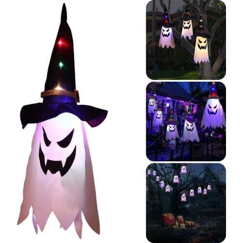 Halloween Decoration LED Lighted Glowing Ghost Witch Hat String Light Battery Operated 3 Modes Hanging Decor for Home Yard Tree
