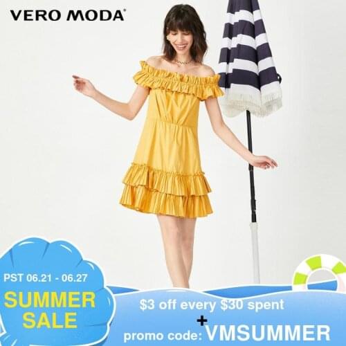 Vero Moda Women Ins Style Party 100% Cotton Off Shoulder Frill Trim A-lined Dress | 32027B562