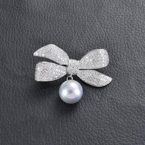 Vintage Bow-knot Hanging White Teardrop Pearl Brooch Pins For Women Cute Jewelry Brooches Rhinestone broche femme bijoux