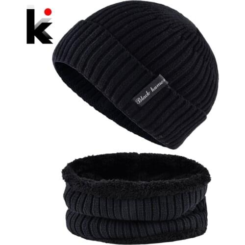 Knitted Wool Hat For Men Solid Color Knit Hats And Scarf Sets Man Winter Warm Skullies Beanies Scarves Add Velvet Bonnet Caps
