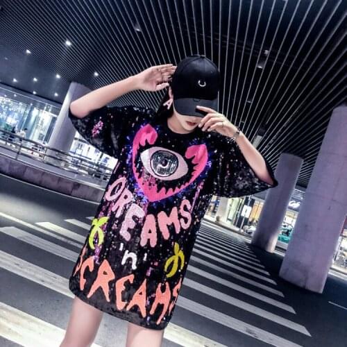 Women Letter PrintedHarajuku color sequins abstract graffiti street dance hip hop T Shirt 2021 Female Loose T Shirt