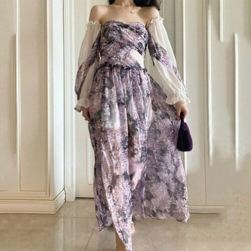 Women Off Shoulder Maxi Summer Dress Floral Print Detachable Sleeve Split Cut Out High Waist Tunic Casual Long Holiday Dress