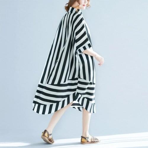 Women Summer Loose Chiffon Striped Bat Sleeve Mid-length Shirt Dress