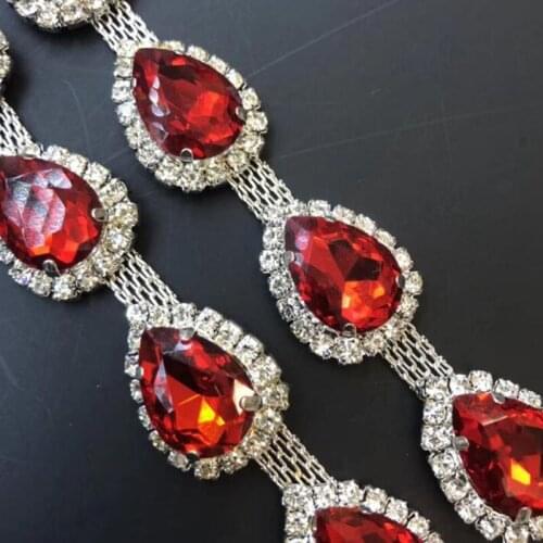 10Yards Teardrop Glass Rhinestone Trim Clear AB Red Violet Topaz Crystal Trimming For Wedding Dress