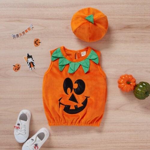 Toddler Baby 2Pcs Cute Halloween Costume Sleeveless Pumpkin Tank Tops Vest + Hat Set