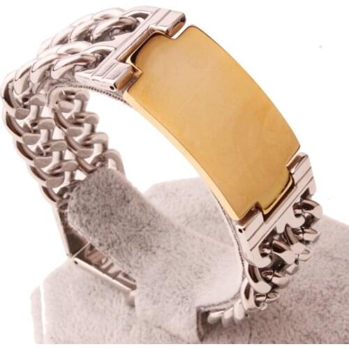 20mm Hip Hop Casting Smooth ID Stainless Steel Silver Color&Gold 2 Row Cuban Chain Bracelet Mens Boys Daily Wristband Jewelry
