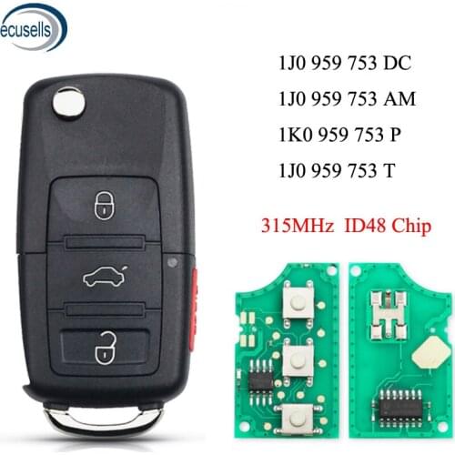 4 Buttons Folding Remote Key Fob 3+1 Button 315Mhz 1J0 959 753 DC/ 1J0 959 753 AM/ 1J0 959 753 T/ 1K0 959 753 P ID48 Chip For VW