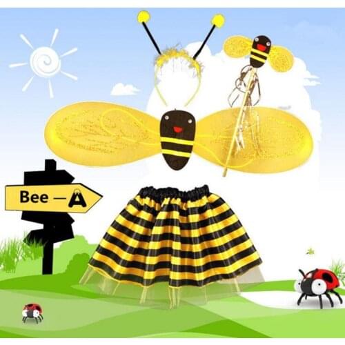 4Pcs/Set Kid Fairy Costume Set Ladybird Bee Glitter Cute Wing Striped Layered Tutu Skirt Wand Headband Dress Up Halloween Outfit