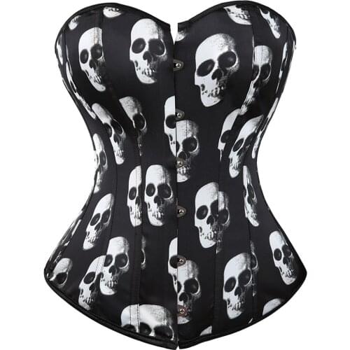 Black Women Steampunk Skull Prints Boned Lace up Overbust Corset Waist Trainner Bustier Lingerie Top Clubwear Plus Size 6XL