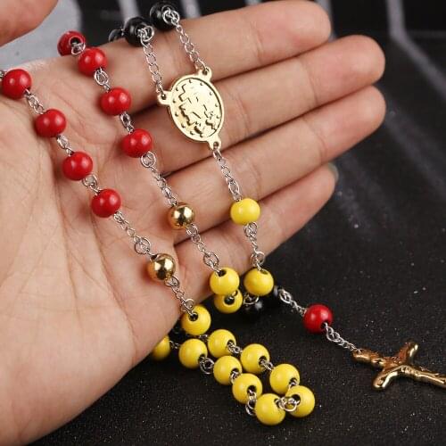 Witaya Long Catholic Rosary Necklace Stainless Steel Tri-Color Rosary Beads 8mm with Crucifix