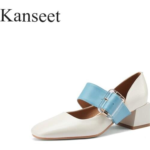 Kanseet 2021 New Arrival Women Pumps Spring Autumn Genuine Leather Square Toe Buckle Strap Concise Handmade 4.5cm Mid Heel Shoes
