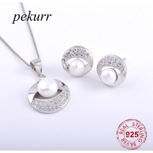 Pekurr 925 Sterling Silver Crystal Shell Round Freshwater Natural Pearl Earrings Necklace Sets For Women Eye Pendants Jewelry