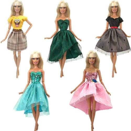 NK 5 Pcs Doll Lace Party Dress Elegant Evening Dating Wear Short Gown Dollhouse Accessories Clothes for Barbie Doll Kids Toy