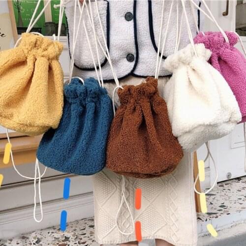Fashion Women Plush Bag Girls Bucket Bag Casual Solid Color Shoulder Messenger 2019 Drawstring Bag Mobile Phone Bag