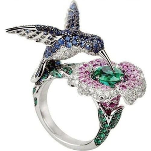 Fashion Womens Silver Plated Crystal Rhinestones Bird Flower Ring Hummingbirds Animal Wedding Ring Engagement Boho Jewelry Gift
