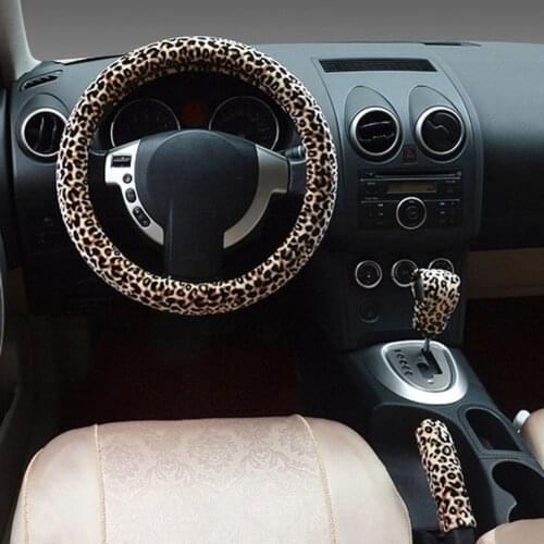 3Pcs 38cm Winter Leopard Print Car Steering Wheel Hand Brake Shifter Cover Set 2019