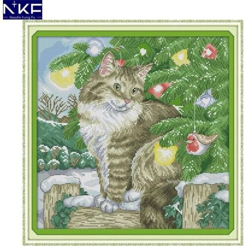 NKF Christmas Cat Cross Stitch Pattern Handmade Craft Needlework Embroidery Kit Animal Cross Stitching Set for Home Decor