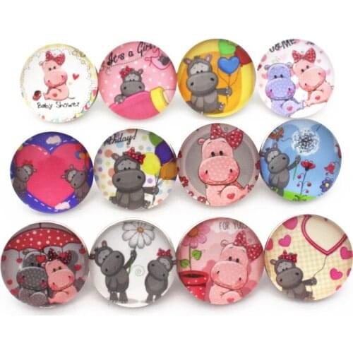 New Sanp 12pcs/lot Cute Cartoon Hippo Glass Snap Buttons Charms Fit 18mm Snap Bracelet Replaceable Button DIY Jewelry