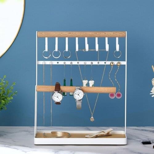 Jewelry Organizer Display Stand Holder with Wooden Ring Tray and Metal Hooks Storage for Bracelets Necklaces Earrings Watches